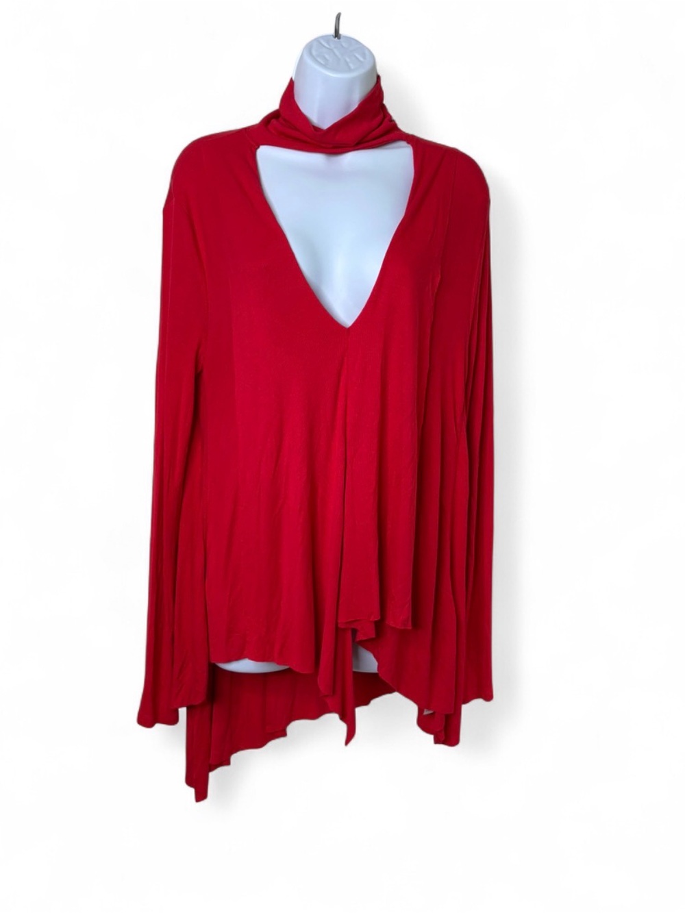 NWT Free People Uptown Turtleneck Choker Neck Cutout Asymmetrical Tunic Top Red